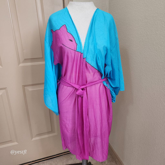 Vintage fun cat blue and pink Kimono robe FLAWED whimsy fairy - Picture 5 of 8